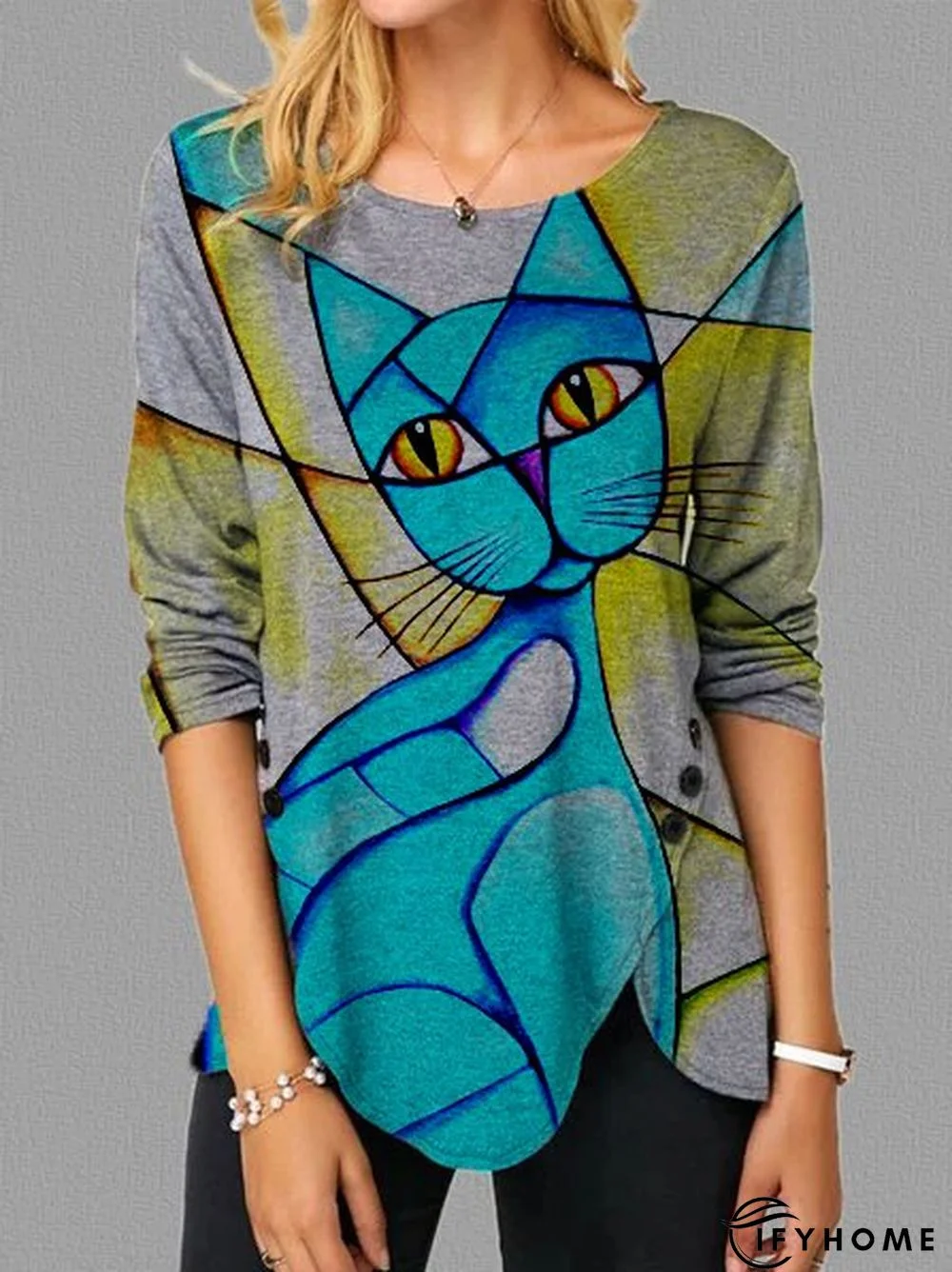 Cotton Long Sleeve Shift Geometric Tunic Top | IFYHOME