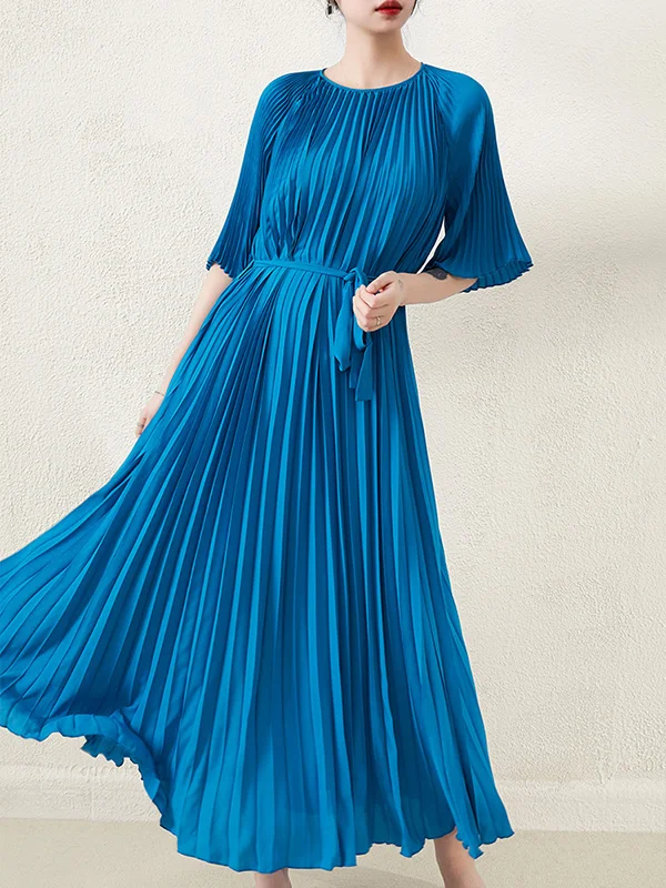 Loose Pleated With Waistband Solid Color Round-Neck Maxi Dresses