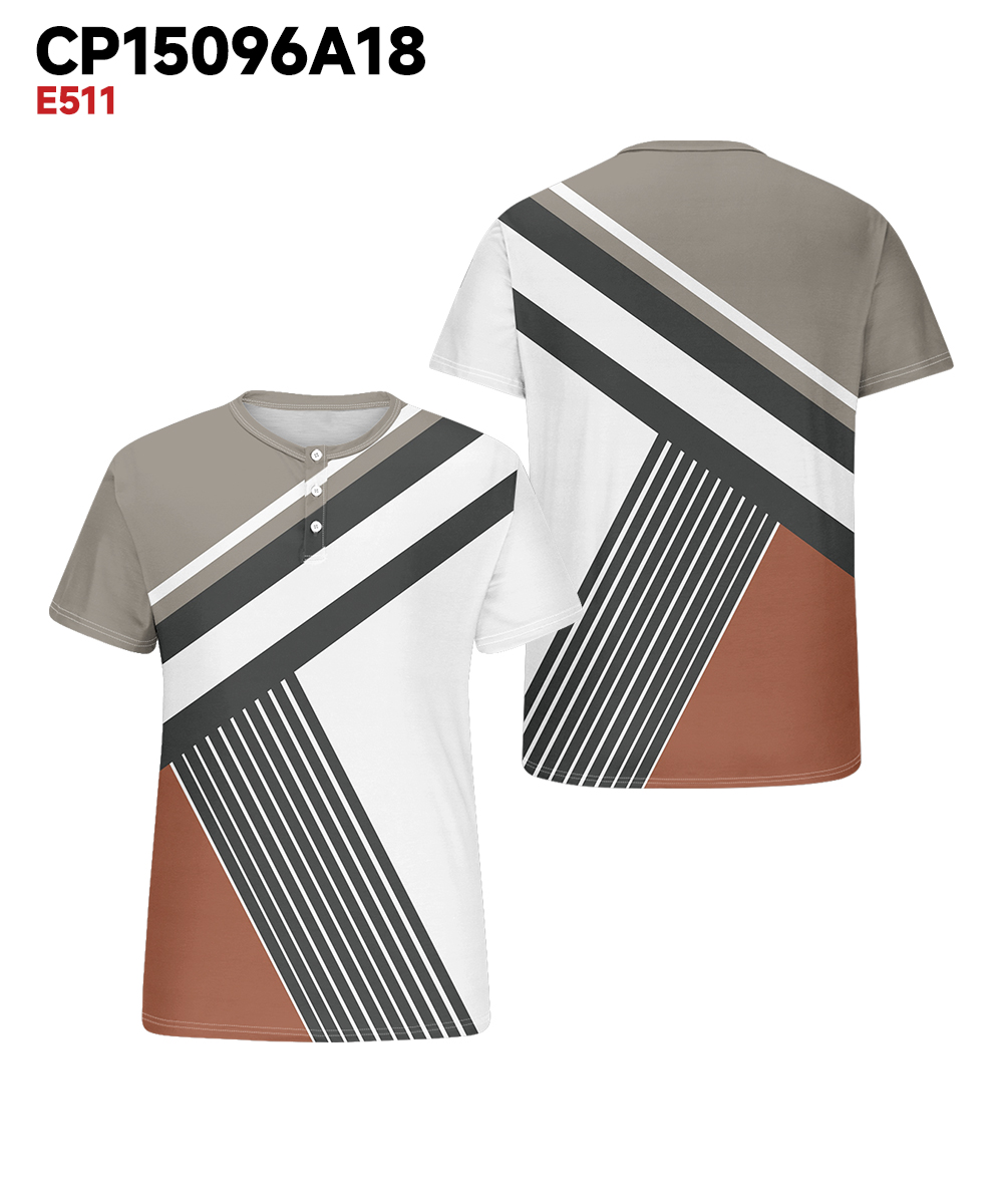 Men's Plus Size Daily Casual Grey Patchwork Striped Printed Henry Collar Button Short Sleeve T-Shirt