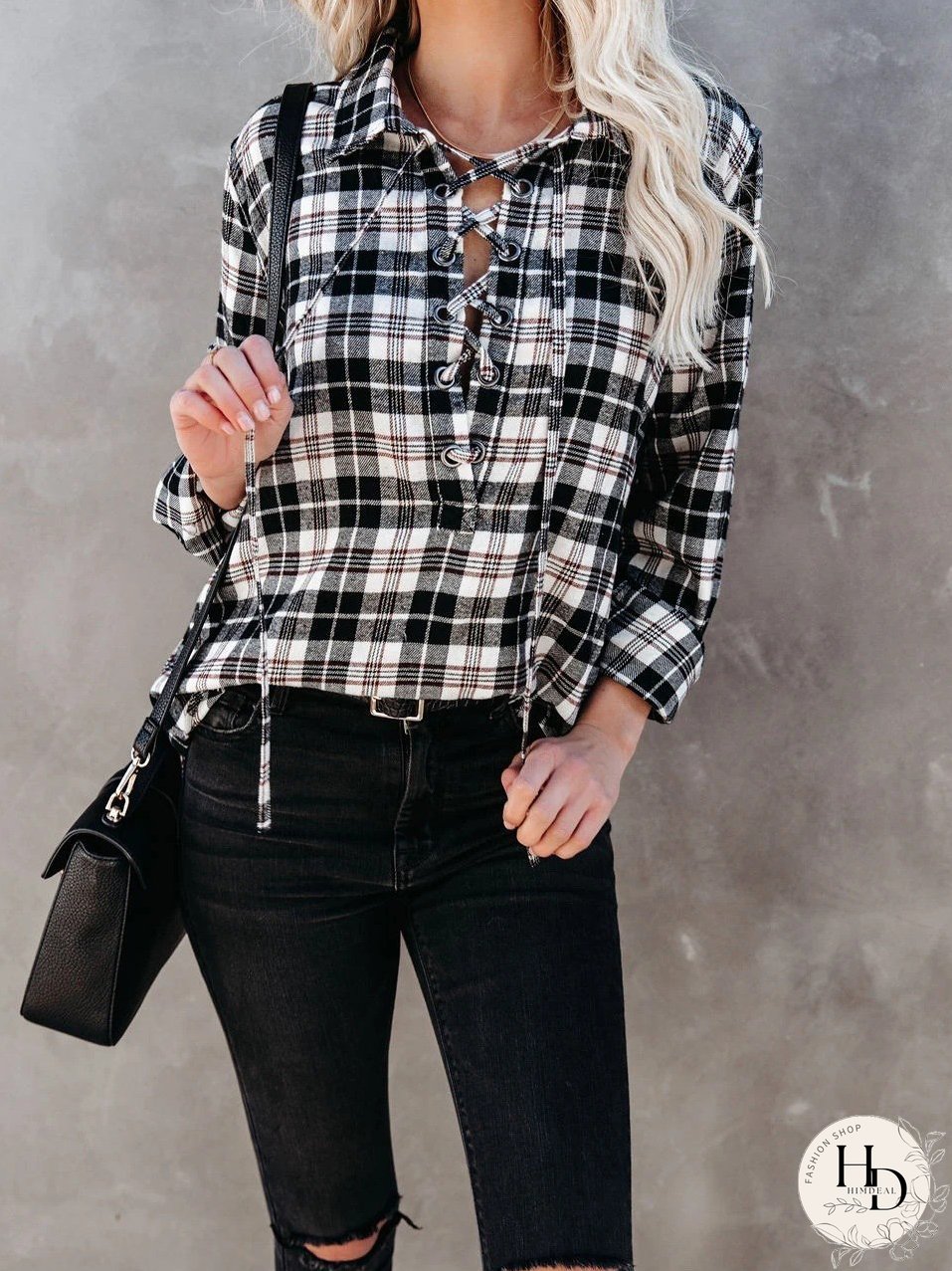 Blouses Plaid Half-Placketed Belted Lapel Comfortable Blouses for Women
