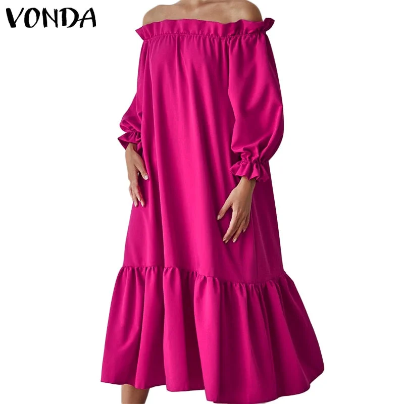 Holiday Swing Dress VONDA 2022 Women Sexy Off Shoulder Party Ruffled Dress Beach Sundress Casual Vestidos Oversized Robe Femme