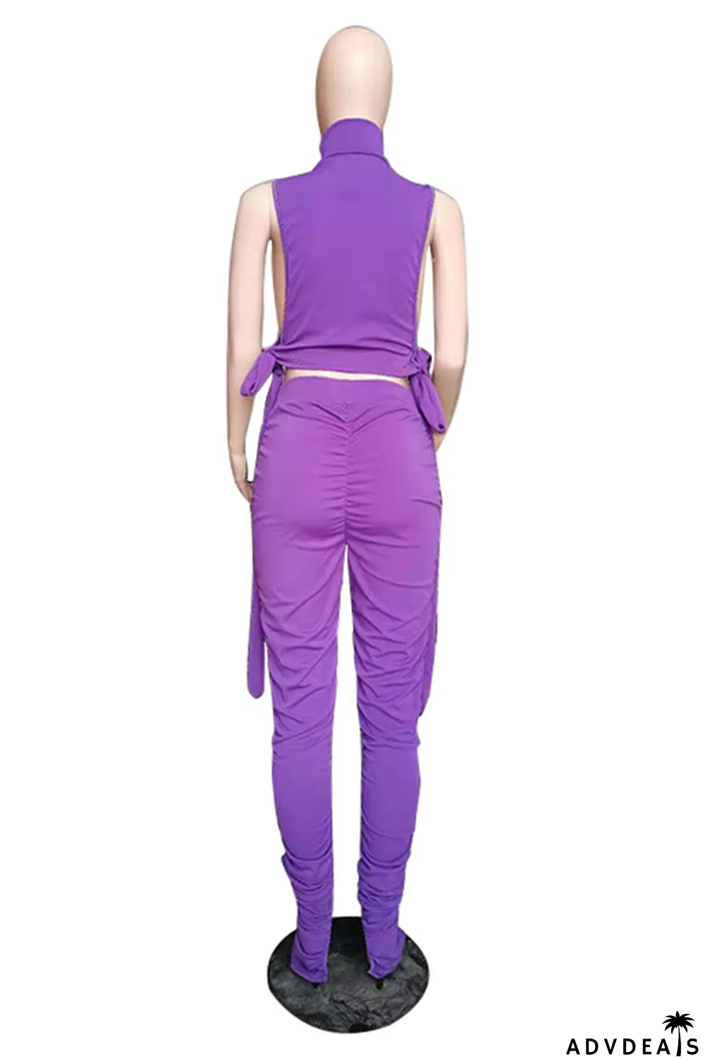 Purple Sexy Solid Split Joint Turtleneck Sleeveless Two Pieces