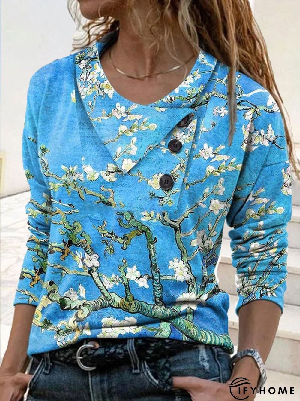 Best Selling Womens Casual Floral Lightweight Long Sleeve Crewneck H-Line Regular Size Top | IFYHOME