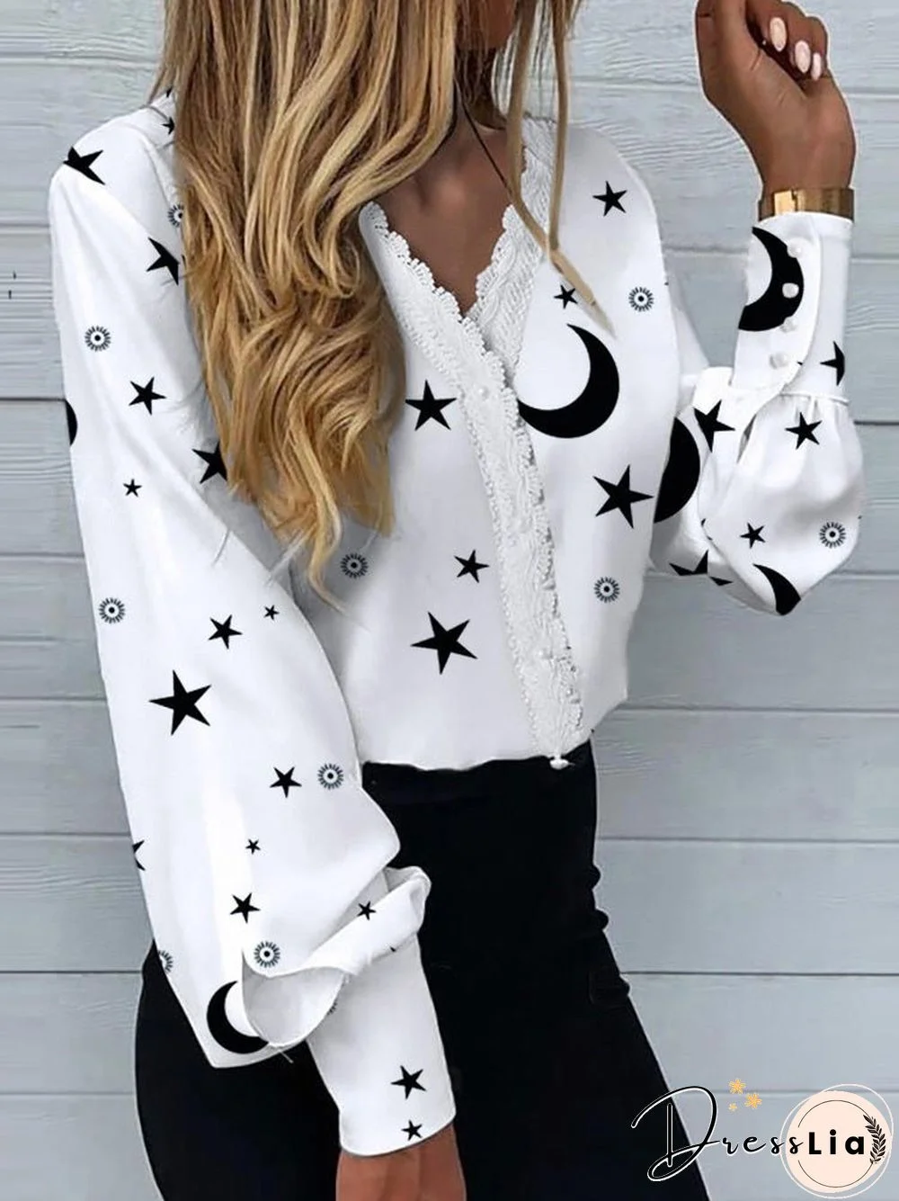 Women'S Blouses Star Moon Print Lace Long Sleeve Blouse