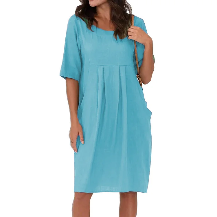 Women's Cotton Linen Casual Dress Crew Neck Mid Sleeve Solid Dress