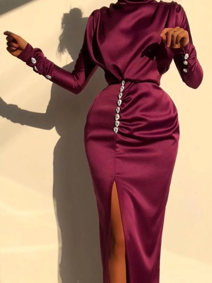 Turtleneck Slit Ruched Elegant Maxi Dress
