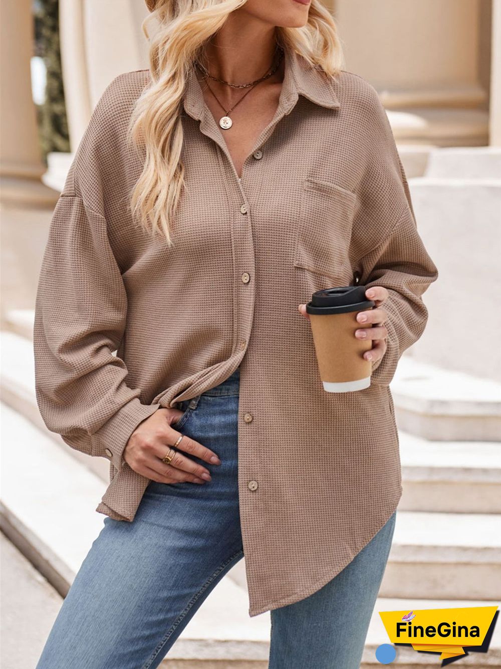 Women's Pockets Buttons Solid Color Long Sleeve V-neck Top