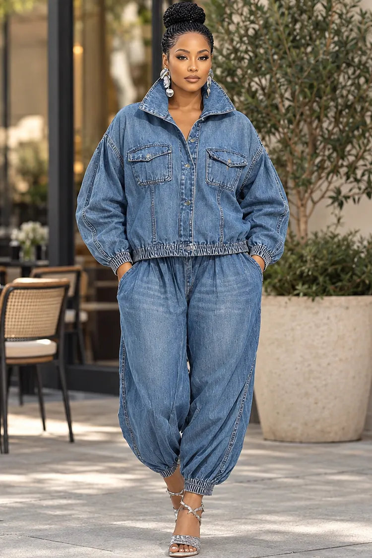 Xpluswear Design Plus Size Business Casual Blue Turndown Collar Long Sleeve Jogging Pocket Denim Two Piece Pant Sets [Pre-Order] 2024 - Xpluswear