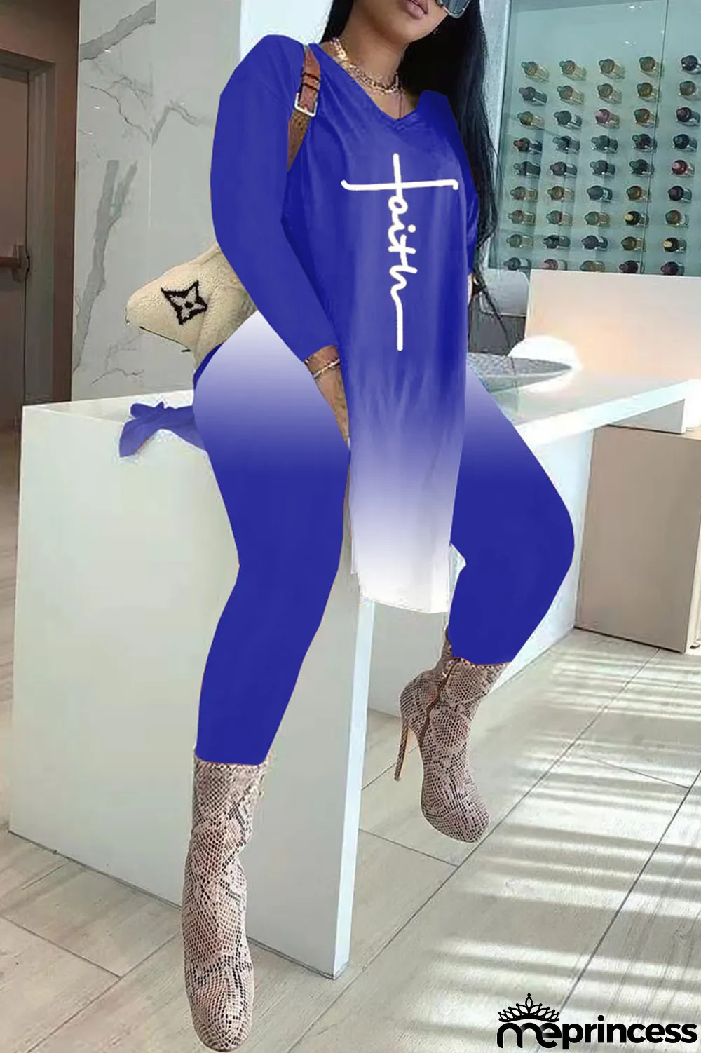 Red Fashion Casual Gradual Change Print Patchwork Slit V Neck Long Sleeve Two Pieces