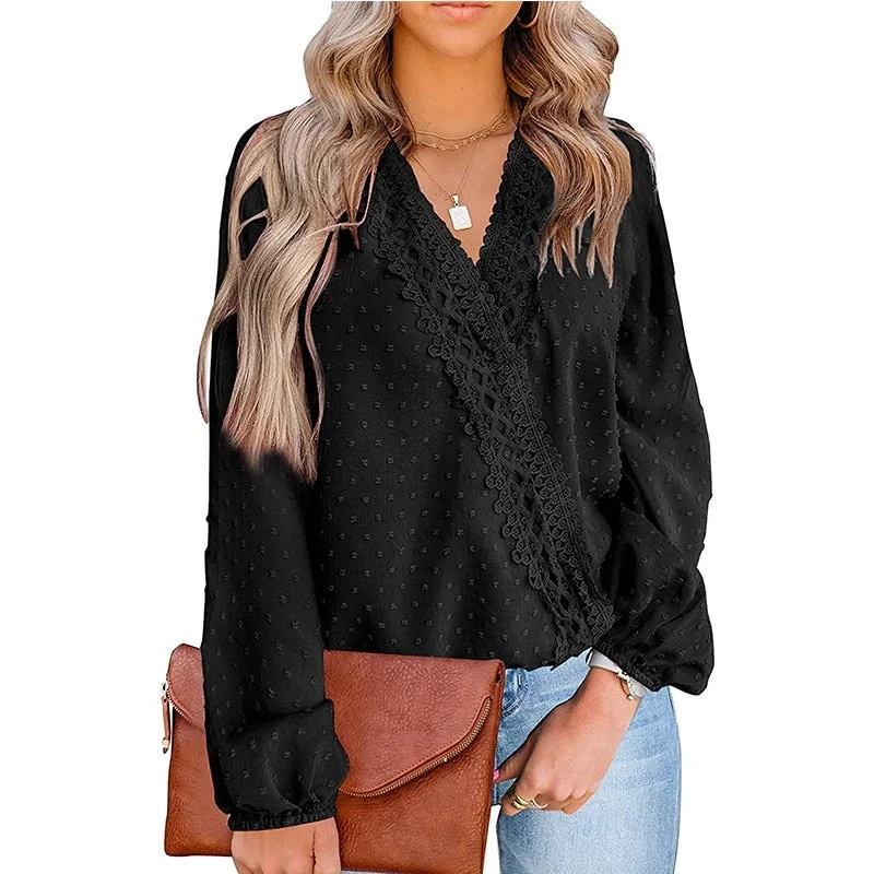 Loose Blouses For Women Fashion Lace Patchwork V Neck Long Sleeve Office Work Shirts Tops Lady Oversized Casual Chiffon Blouse