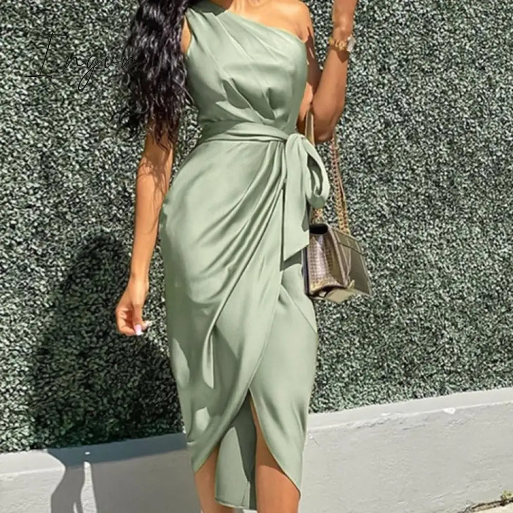 Ingvn - One Shoulder Ruched Design Party Dress Bodycon Green / S