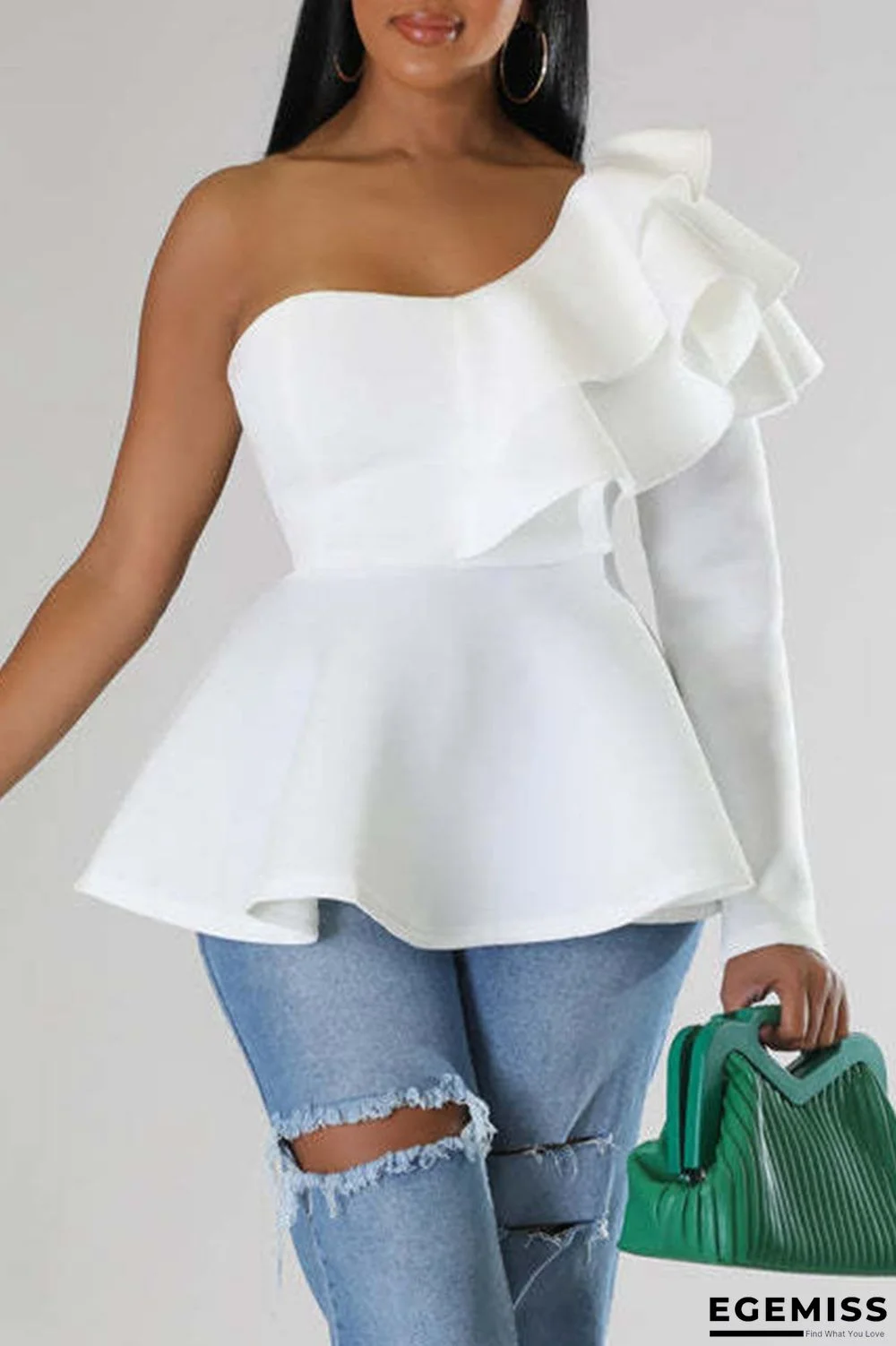 White Sexy Solid Patchwork Flounce Oblique Collar High Waist Tops | EGEMISS
