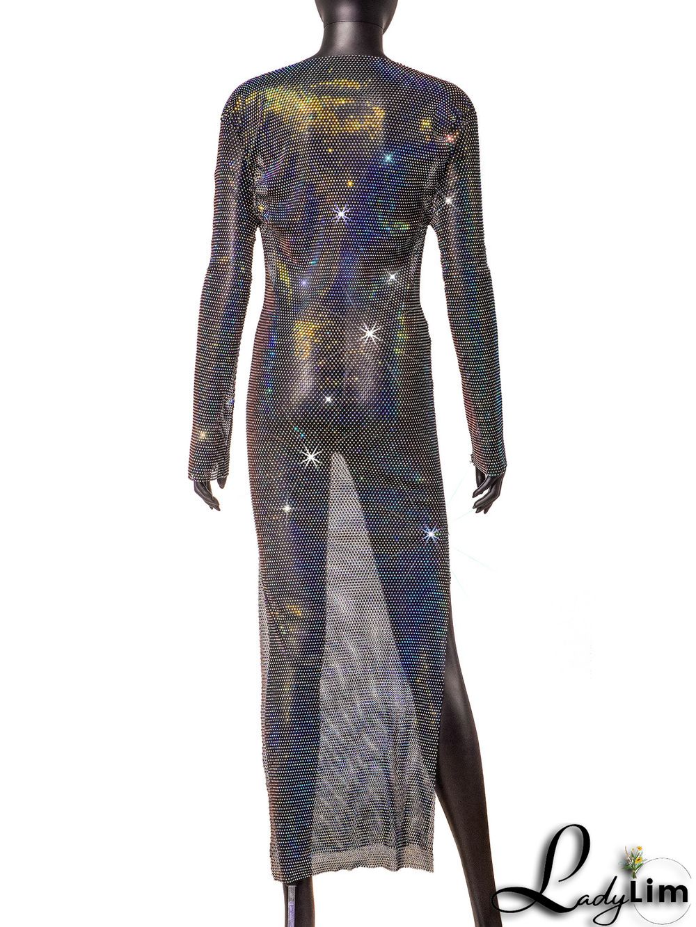 Women's Side Slit Party Night Round Neck Long Sleeve Sparkly Beaded Maxi Dress