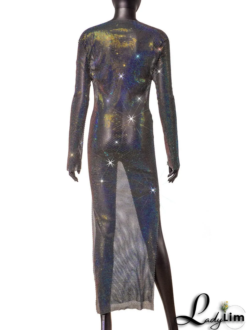 Women's Side Slit Party Night Round Neck Long Sleeve Sparkly Beaded Maxi Dress