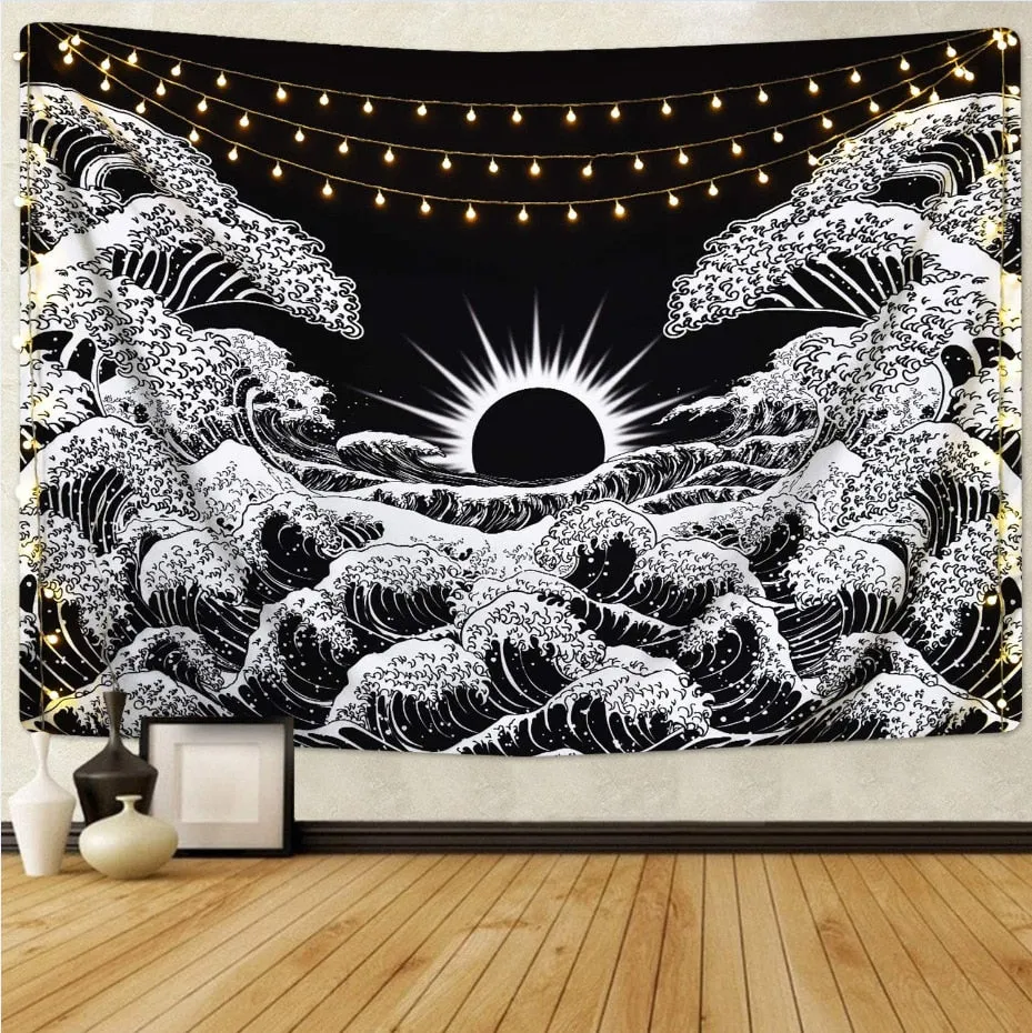 White Black Sun and Moon Tapestry Wall Hanging Witchcraft Psychedelic Tapestries Boho Hippie Wall Rugs Dorm Decor Beach Blanket