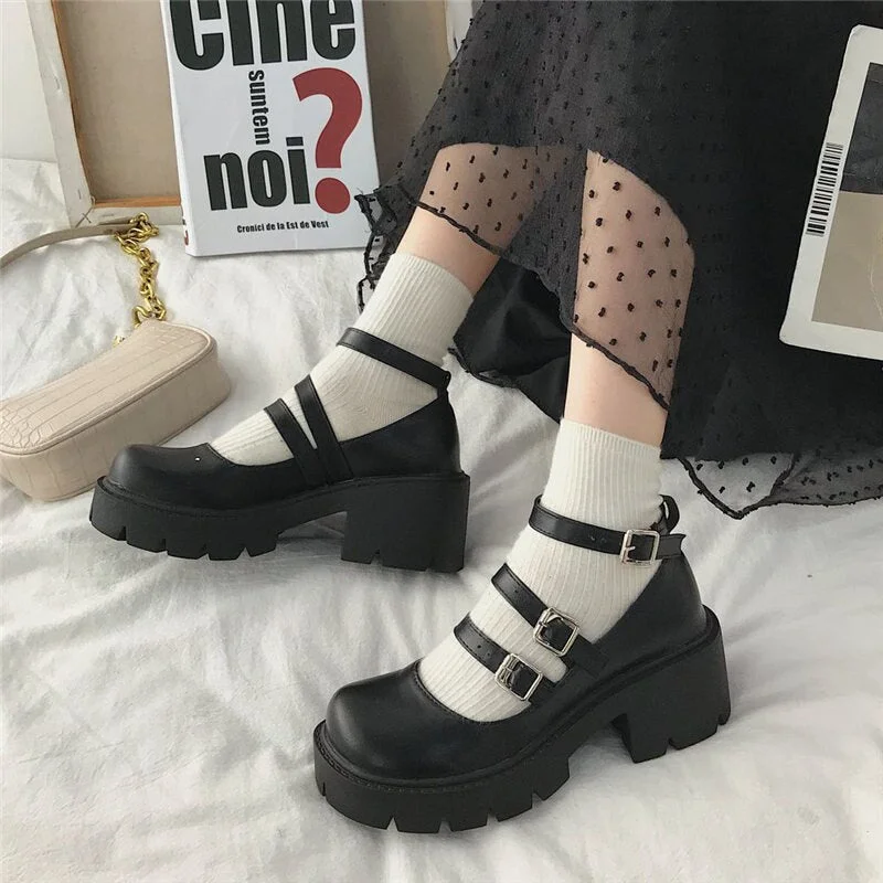 High Heels Shoes Women Pumps Platform Shoes Fashion Mary Jane Shoes Lolita shoes Black Leather Woman Round Toe Student Mujer