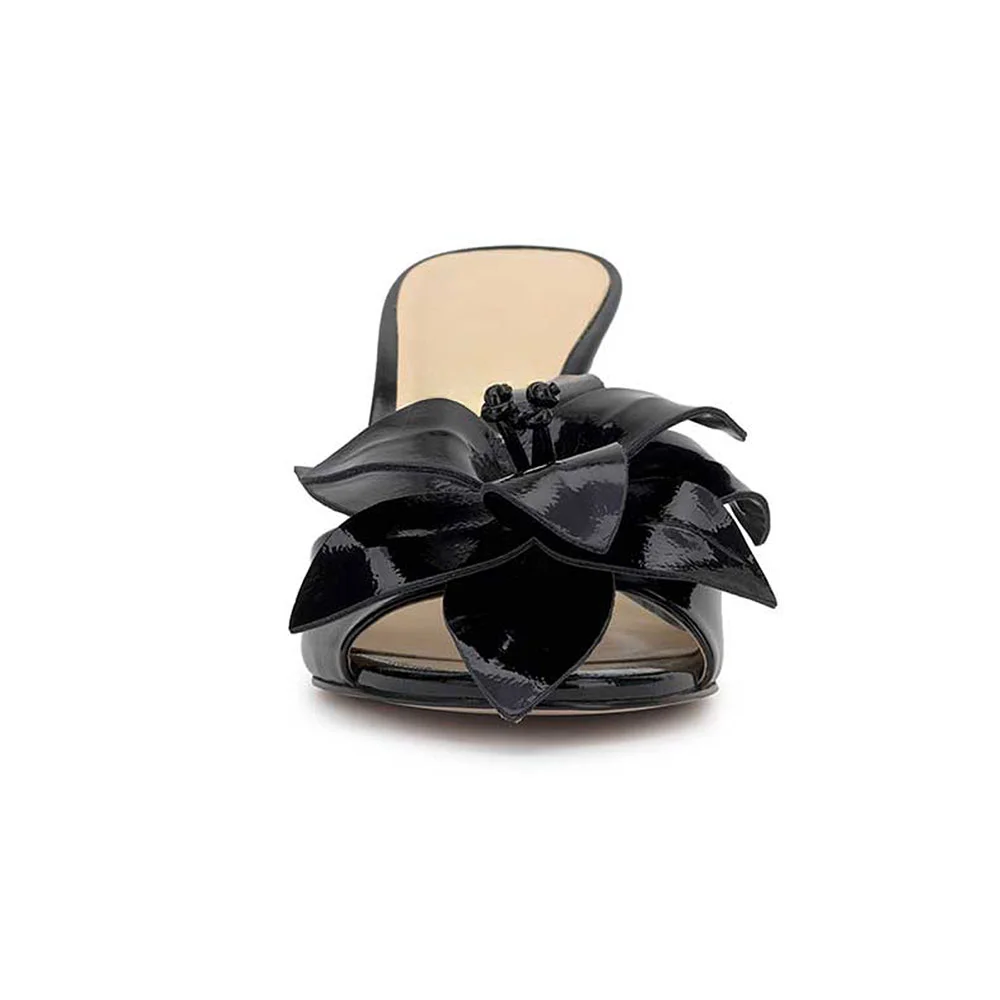 Black Patent Leather Flower Decor Open Toe Stiletto Heel Slide Sandals