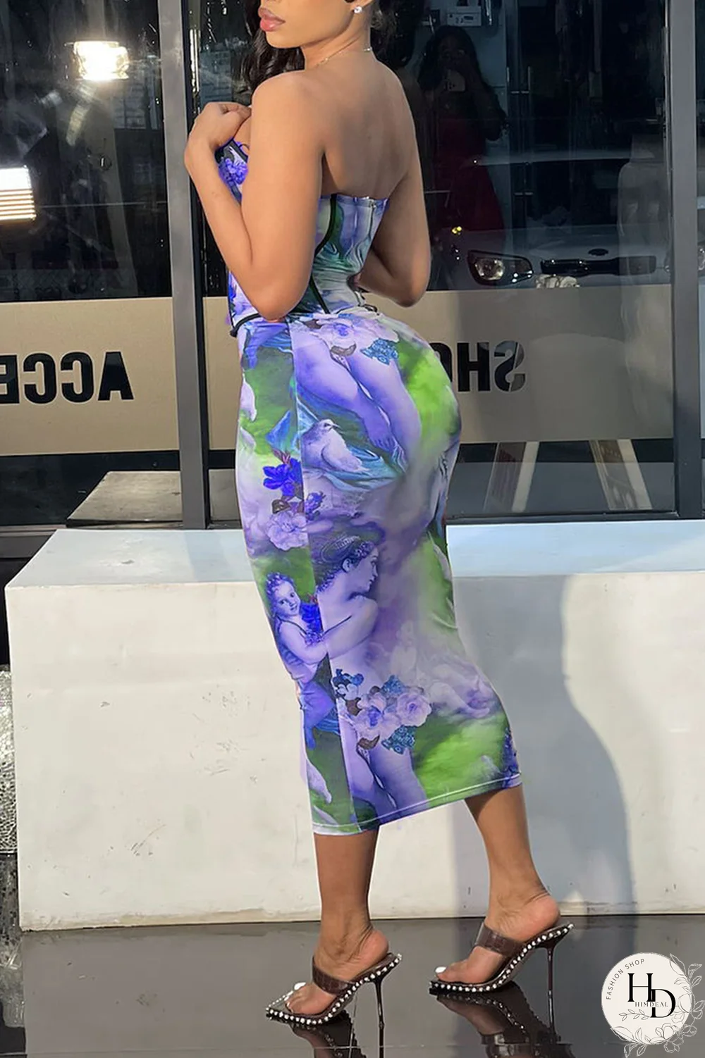 Blue Sexy Print Split Joint Strapless Sleeveless Two Pieces