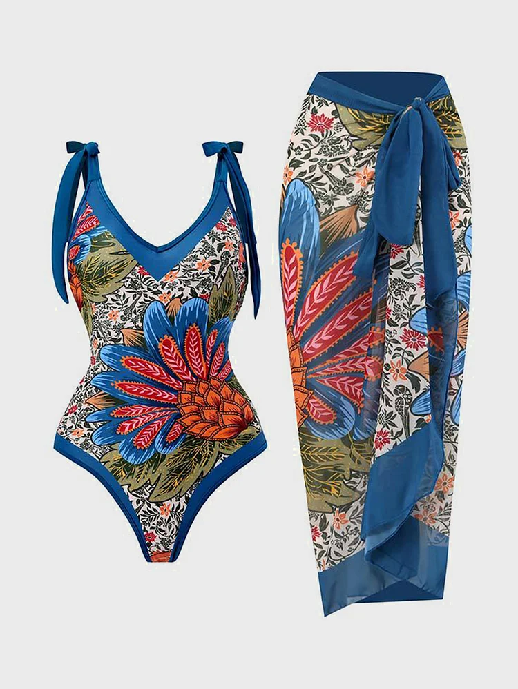 Vacation Allover Pattern One Piece Swimsuit & Bikini Cover Up