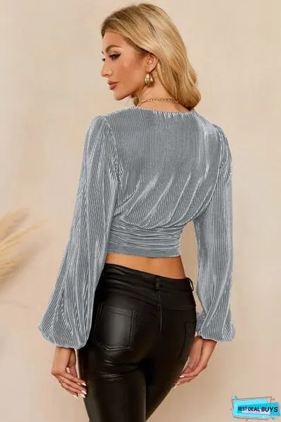 Drawstring V-Neck Balloon Sleeve Blouse