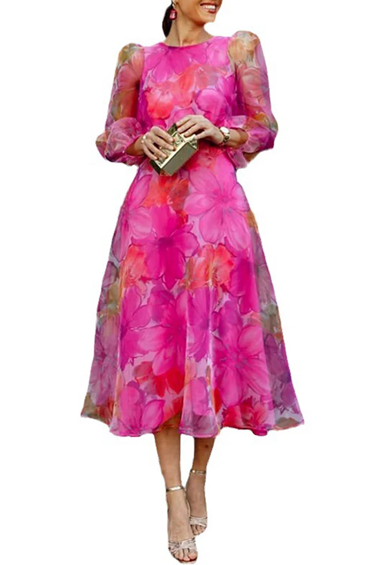Everyday Rose Red Mesh Floral Print Puff Sleeve Midi Dress