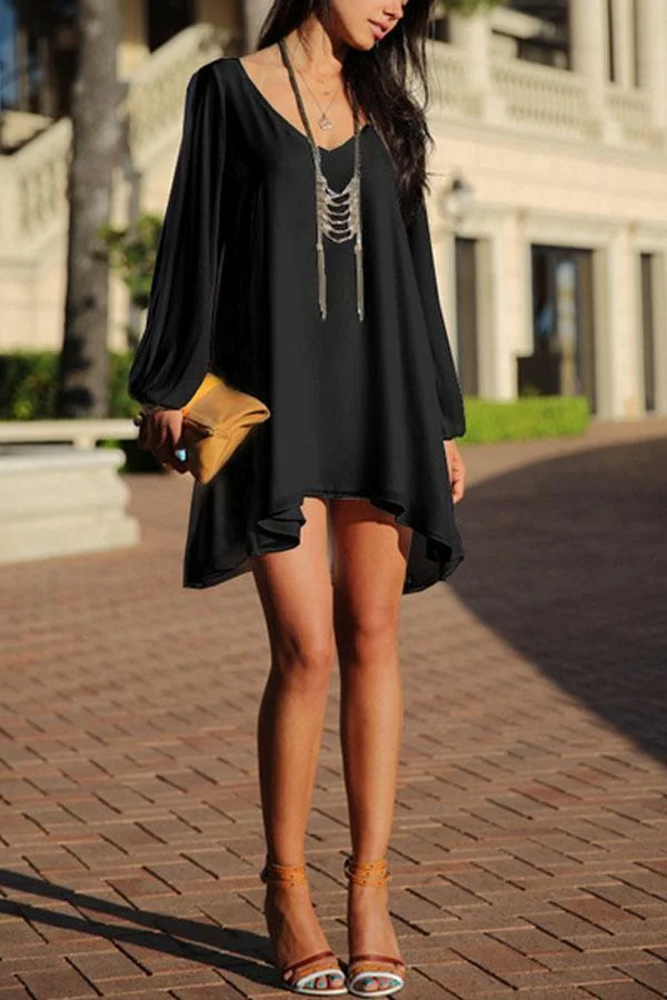 Asymmetric Hem Slit Long Sleeves Solid Color Shift Dresses