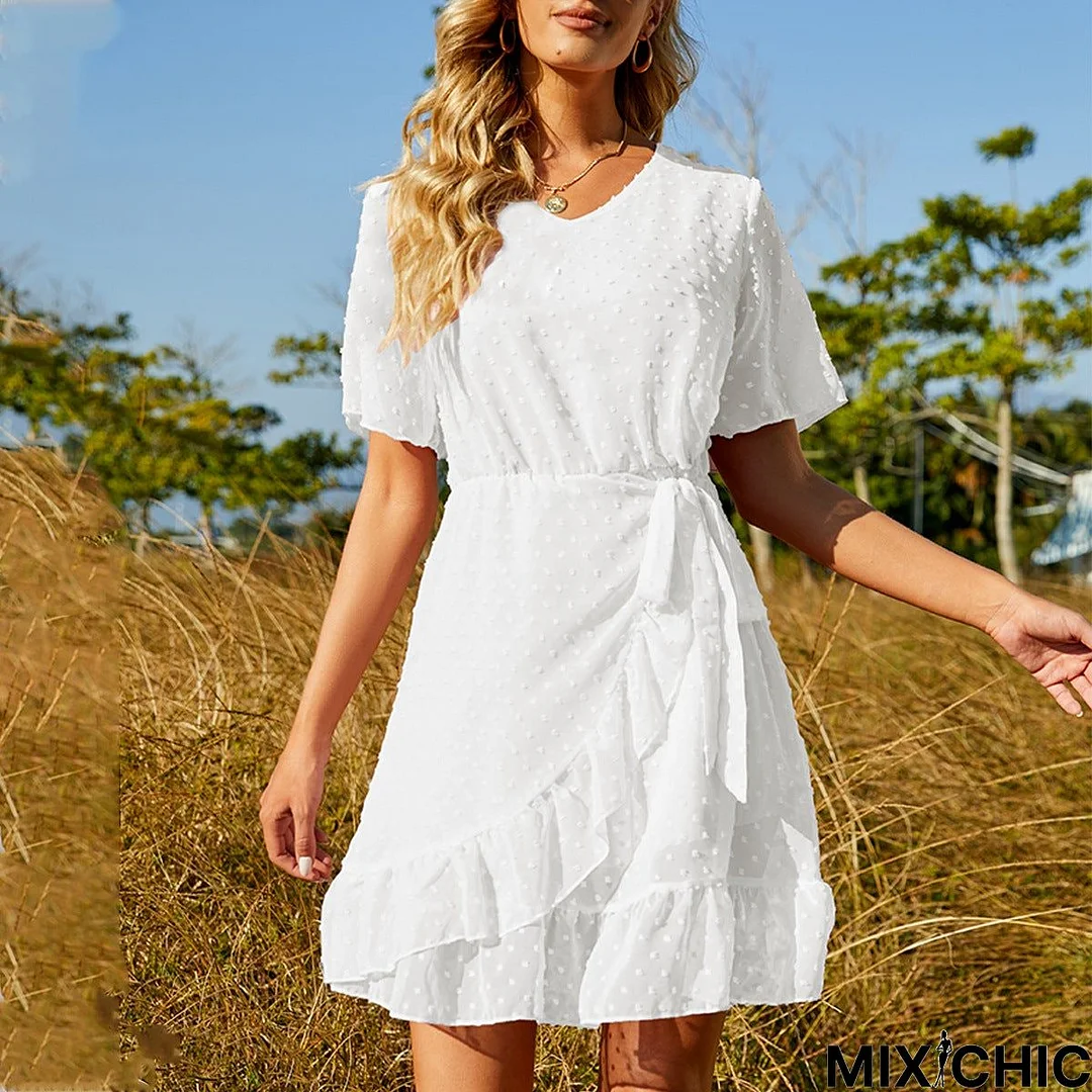 Chiffon Waistband Ruffled Skirt White Dresses