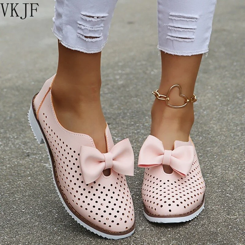 Women Bowknot Flats 2021 Summer Hollow Breathable Pointed Toe Ladies Slip On Loafers 35-43 Large-Sized Female Home Office Shoes