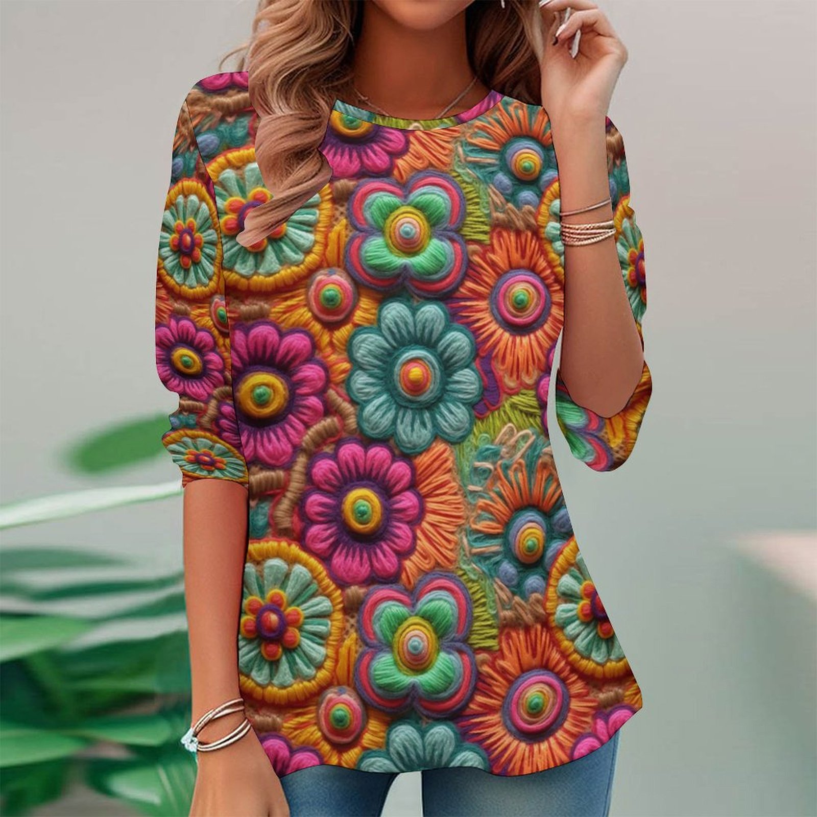 Women Long Sleeve V-neck Graphic Floral Printed Top