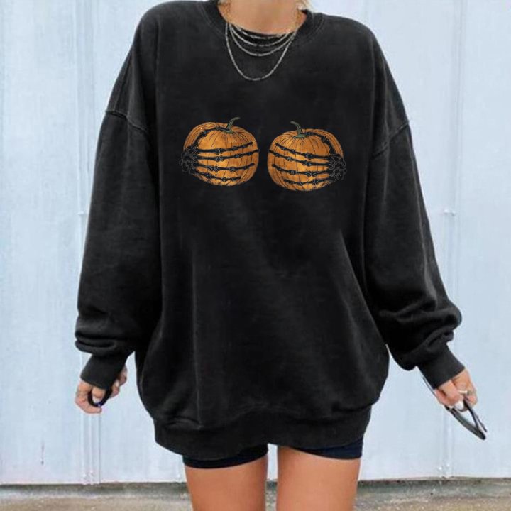   Pumpkin Skull Hands Printed Women's Loose Sweatshirt Designer - Neojana
