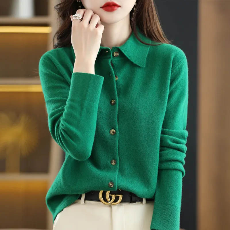 Churchf Churchf And Autumn POLO Collar Knit Shirt With Loose Long-Sleeved Sweater Non-Cashmere Cardigan Temperament Lapel Coat