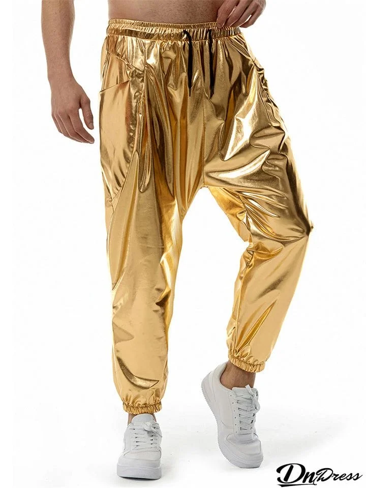 Shiny Stretchy Mid Waist Trendy Party Pants for Men