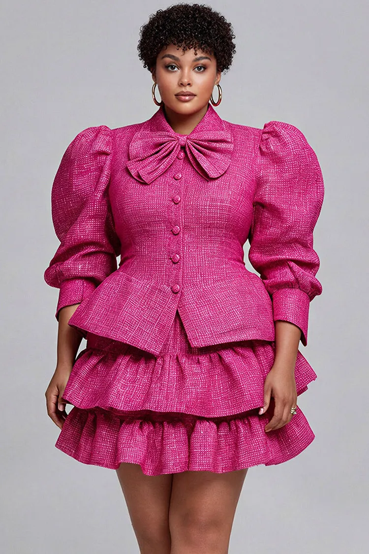 Xpluswear Design Plus Size Formal Pink Stand-Up Collar Puff Sleeve Half Sleeve Ruffle Bow Tie Two Piece Skirt Sets [Pre-Order] 2024 - Xpluswear