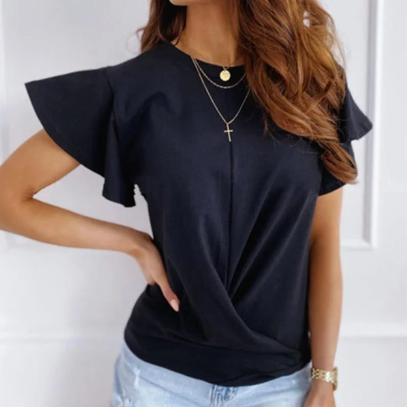 Gentillove 2021 Women Summer Office Lady Tops Pleated Loose Solid o Neck Casual Elegant Flare Short Sleeve Basic T-Shirt