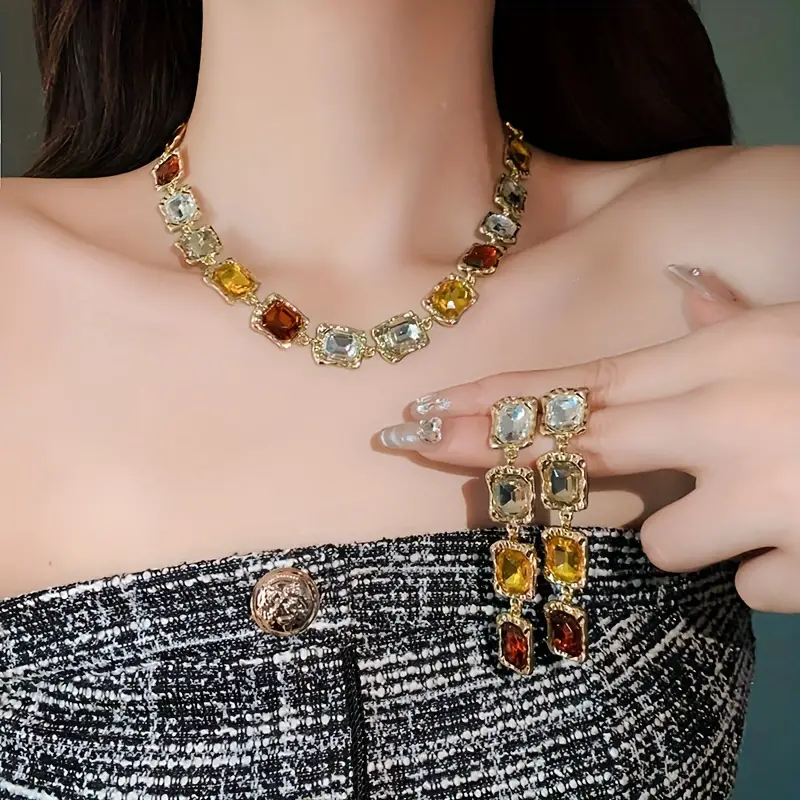 wedding banquet style jewelry set square rhinestone tassel stud earrings necklace set suitable for women details 3