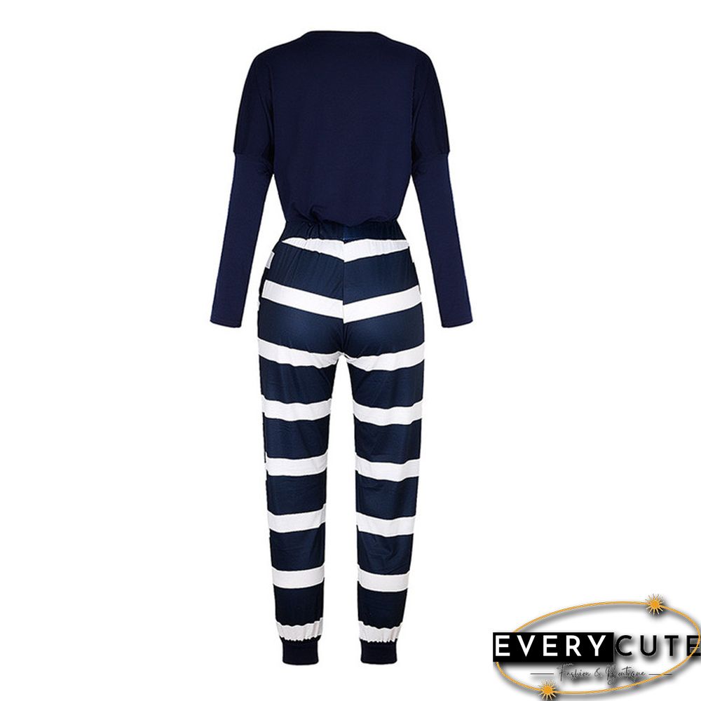 Navy Blue Long Sleeve Top and Striped Pant Set