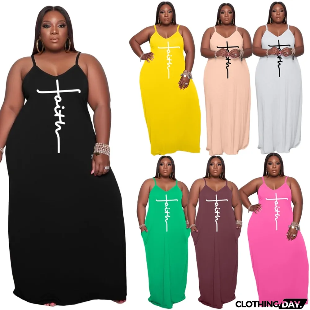 Women Summer Black Casual Strap Sleeveless Letter Print Pockets Maxi Loose Plus Size Long Dress