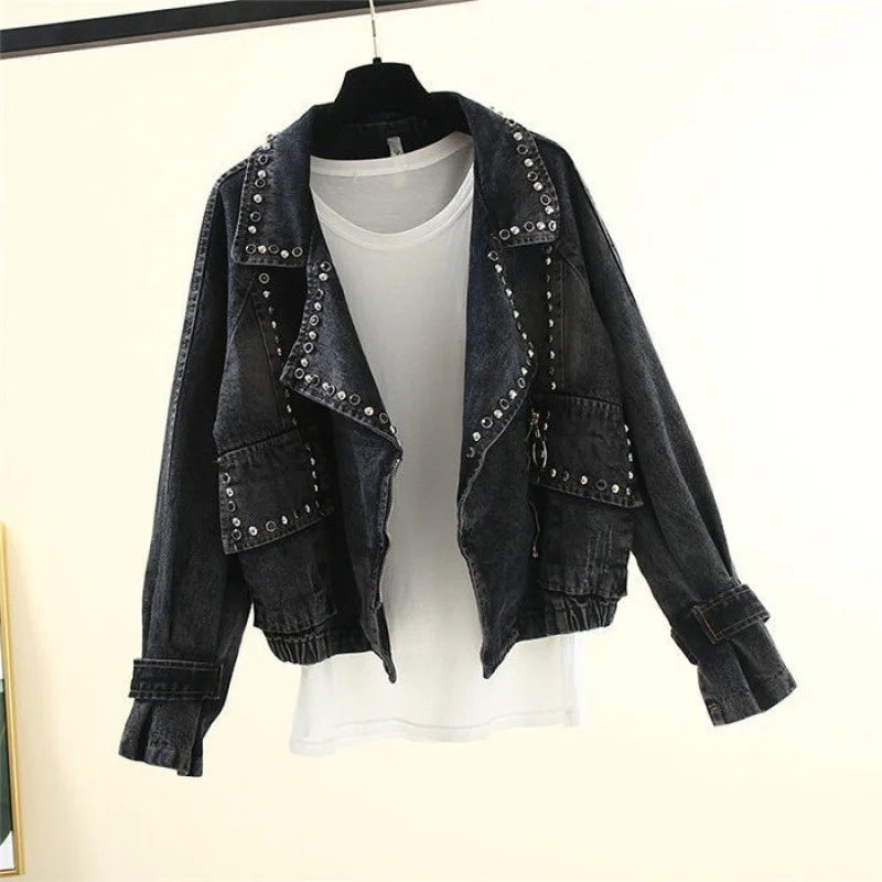 Toloer Toloer New Korean Version Loose Large Size BF Student Versatile Retro Motorcycle Denim Jacket Female Short Jacket-Outfit Ideas