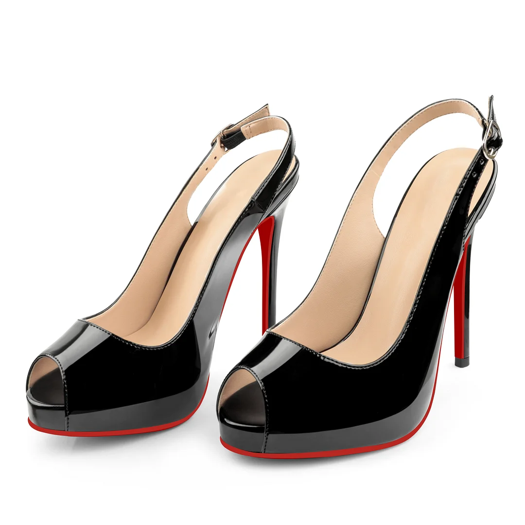 120mm Red Bottom Elastic Strap Slingback Sandals Peep Toe Platform Stilettos Black Patent Heels-MERUMOTE