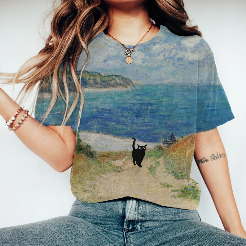 Comstylish Cat Landscape Painting Art T-Shirt