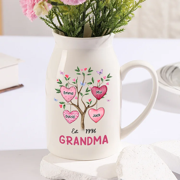 Pink Family Tree Vase Personalized Ceramic Flower Vase Custom 4 Names Gift Grandma