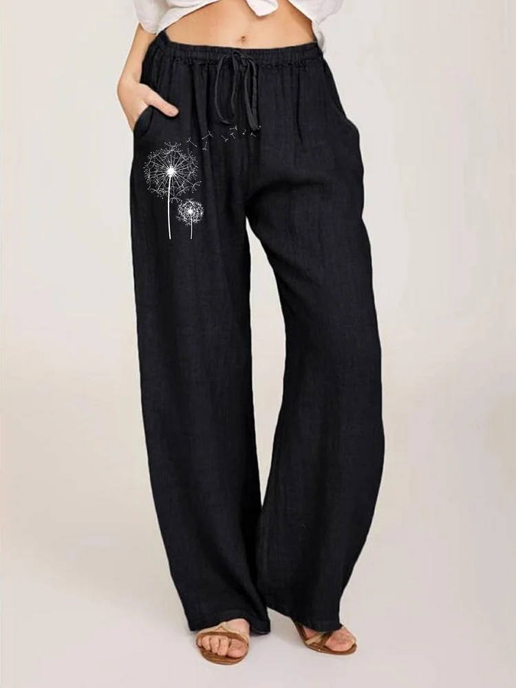 Printed women's casual cotton and linen trousers