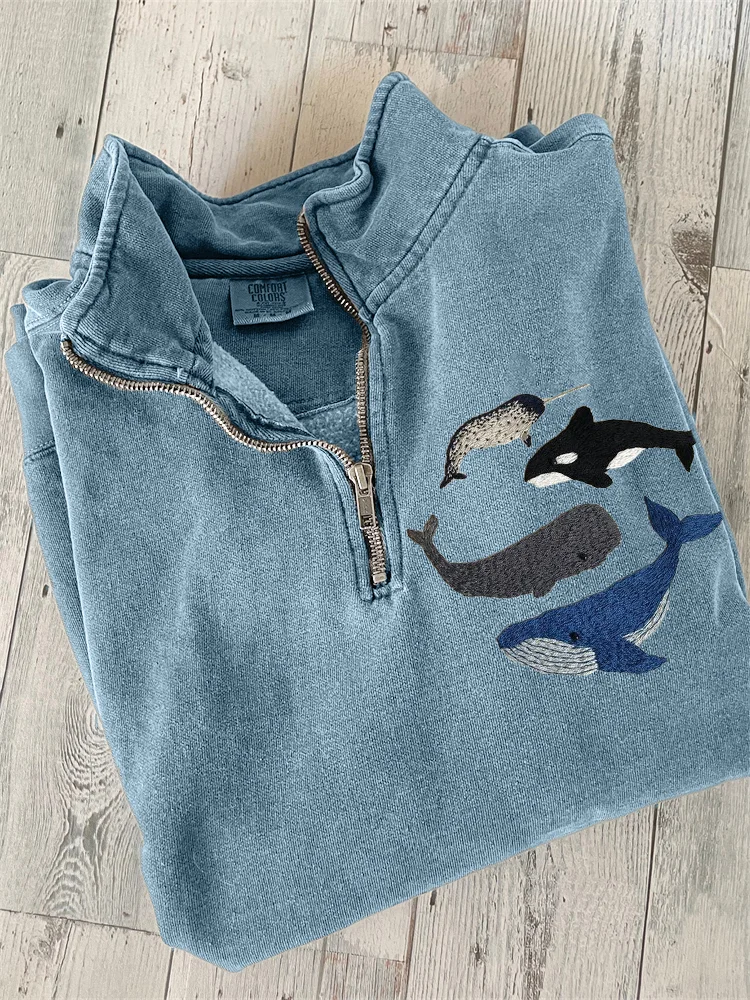 VChics Species of Whales Embroidery Art Zip Up Sweatshirt