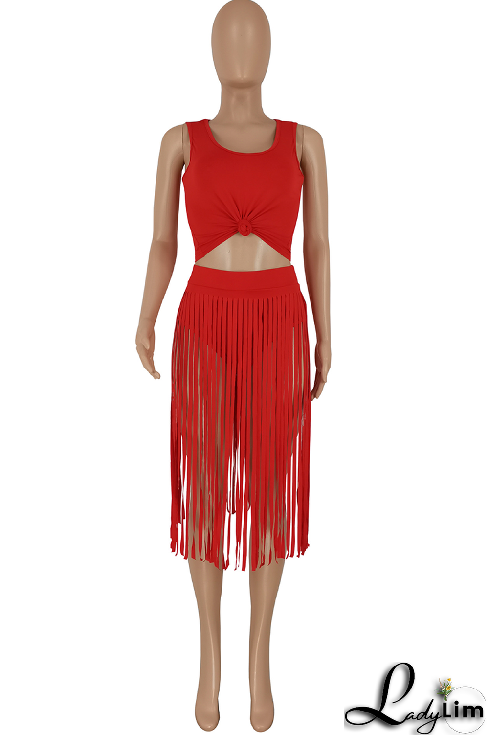 Black Sexy Solid Tassel U Neck Sleeveless Two Pieces