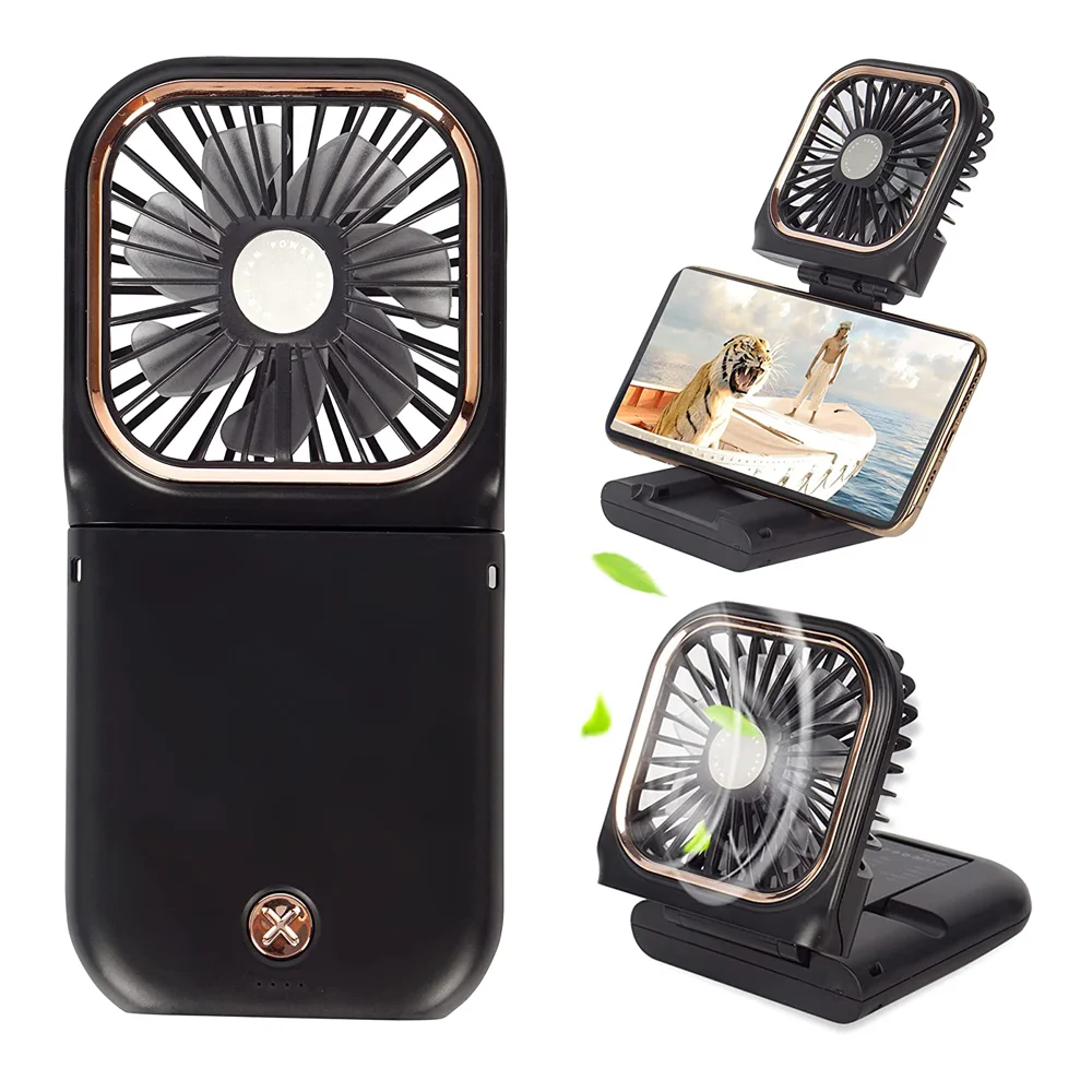 Portable Fan,Mini USB Desk Fan Phone Holder Rechargeable With Power Bank Wearable Personal Fan 3 Speeds Foldable Design For Office Kitchen Household Outdoors Travel