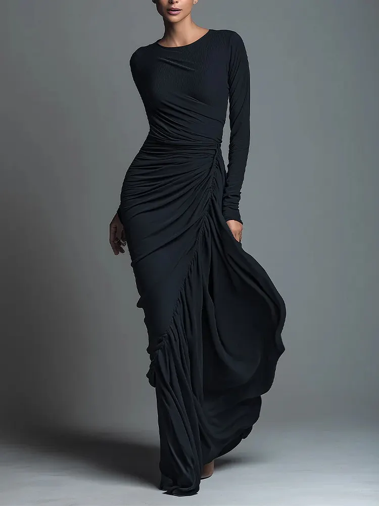 Black Elegant Jersey Knit Ruched Maxi Dress