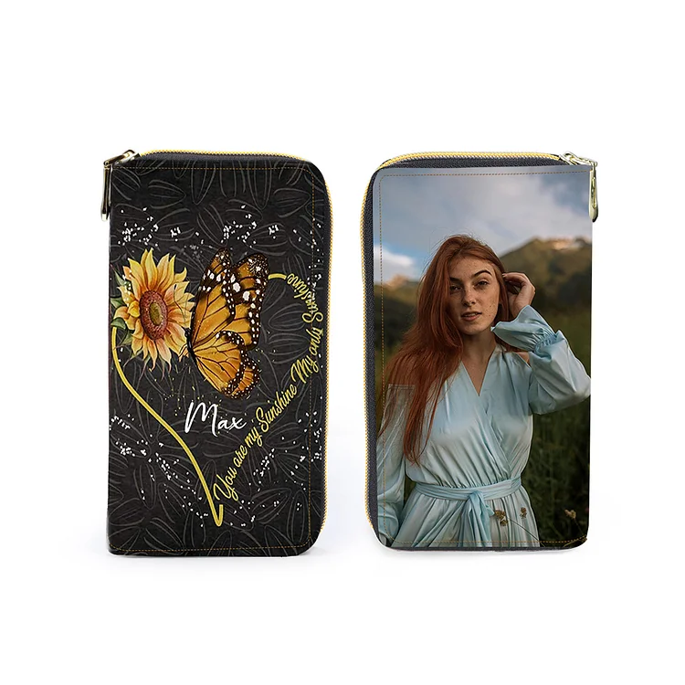 Personalisierte Foto & Name Sonnenblumen Schmetterling Damen Brieftasche Lange Geldbörse