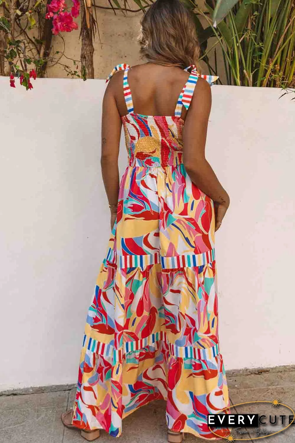 Multicolor Bohemian Abstract Print Tie Straps Maxi Dress