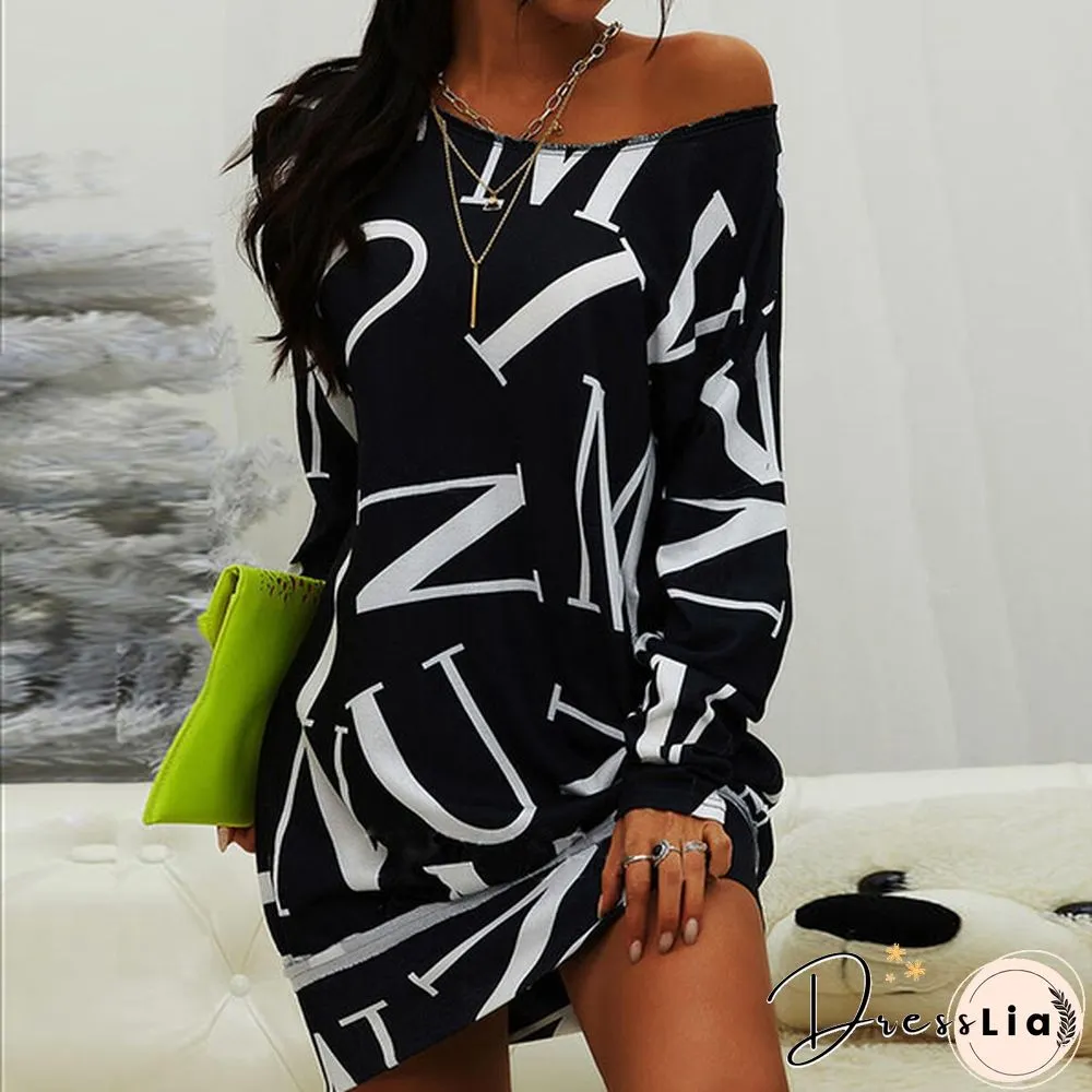 Xs-8Xl Autumn And Winter Dress Plus Size Clothes Women's Casual Long Sleeve T-Shirt Dresses Letter Printed Pullover Sweatshirt Dress Ladies O-Neck Loose Dress Off Shoulder Short Dress Mini Party Dress