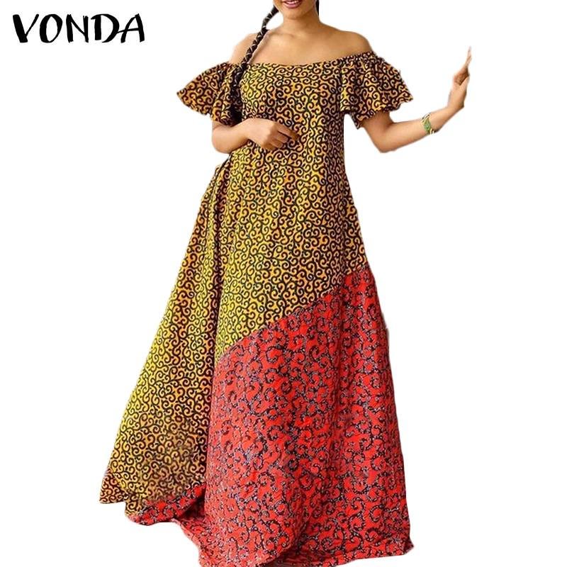 Women Dress 2022 Summer VONDA Party Off Shoulder Lace Pleated Dresses Casual Shorts Sleeve Bohemian Vestidos Women Clothing